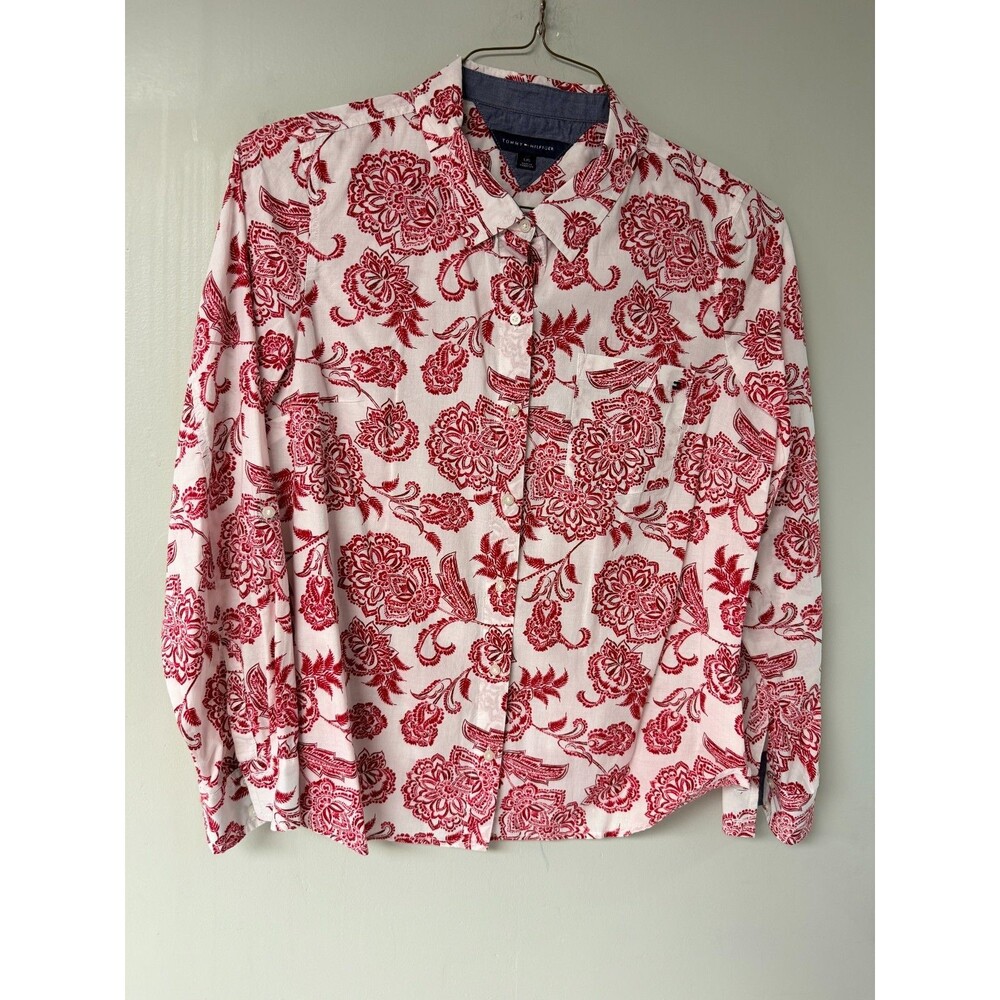 Tommy Hilfiger Woens Large Red White Floral Button Down Shirt Long Sleeve Cotton